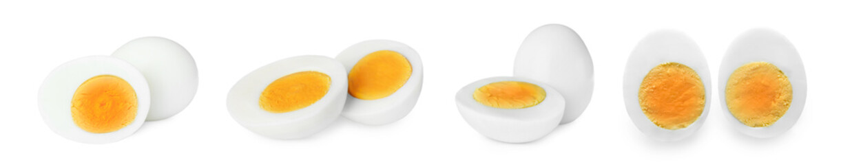 Set with tasty hard boiled eggs on white background. Banner design