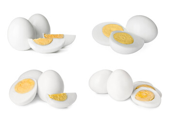 Set with tasty hard boiled eggs on white background