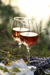 Delicious rose wine, cheese and grapes on picnic blanket near lake, closeup