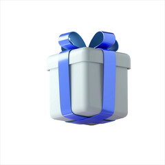 Realistic 3d white gift box with blue glossy ribbon bow isolated on a white background. 3d render isometric modern holiday surprise box. Realistic icon for present, birthday or wedding banners