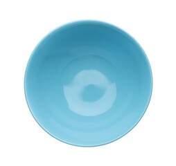 Empty blue ceramic bowl isolated on white, top view