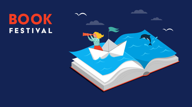 Book festival concept of a little girl sailing the boat and reading an open huge book. Fantasy and Imagination concept design. Vector illustration, poster and banner 