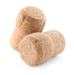 Two sparkling wine corks on white background