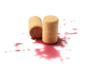 Bottle corks with wine stains on white background