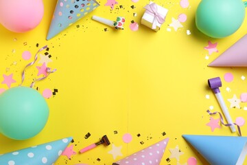Frame made of party hats and birthday decor on yellow background, flat lay. Space for text.