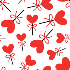 Seamless background with lollipops on a stick in the shape of a heart. pattern on valentines day. Vector illustration
