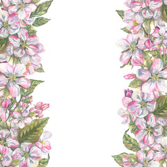 Obraz na płótnie Canvas Apple blossoms pink with leaves vertical frame. Watercolor illustration. For the design and decoration of postcards, posters, invitations, website, certificates, banners, souvenirs.
