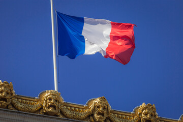 French flag winding above gargoyles in Parisian opera, France