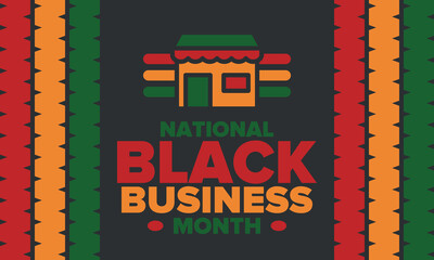 Black Business Month in August. Celebrated annual in United States. Support African American community. Black-owned businesses campaign. Poster, greeting card, banner, background. Vector illustration