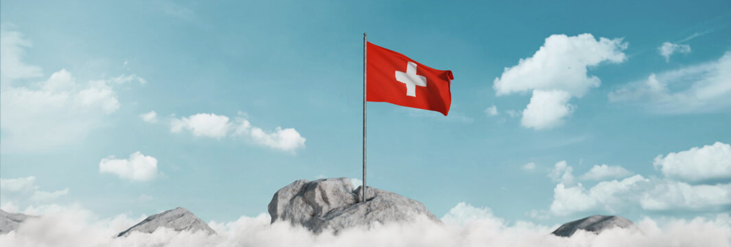 3d rendering of waving Swiss flag above sea of clouds to celebrate the national holiday of 1 august