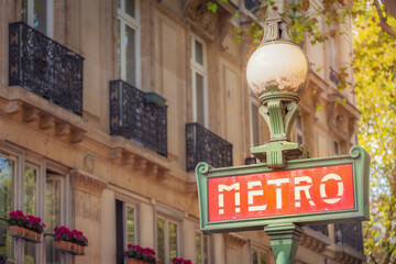 Retro Paris Metro sign in Montmartre, Paris at sunset, France
