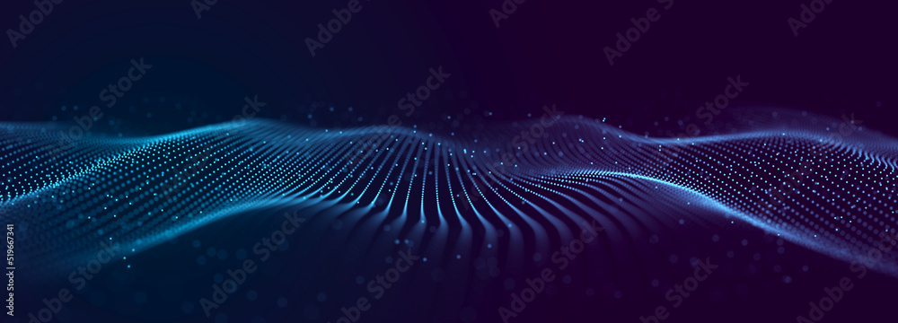 Poster abstract sound wave web banner. artificial intelligence expressed by moving particles. 3d rendering.