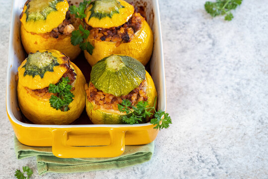 Eight-Ball zucchini stuffed with meat and bulgur