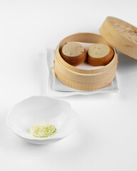cheese and bread molecular cuisine  unusual white background concept. exquisite delicacies