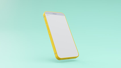 Yellow Phone mock-up on green-blue background. Designed in pastel tone. 3D Render.