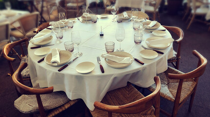 elegant round table for 8 people with many plates, glasses, napkins, white tablecloth and cutlery -...