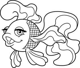 Outlined Beautiful Fish Cartoon Character Swims. Vector Hand Drawn Illustration Isolated On White Background