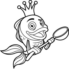 Outlined Cute Fish Or Goldfish Cartoon Character With Crown Holding A Spoon. Vector Hand Drawn Illustration Isolated On White Background