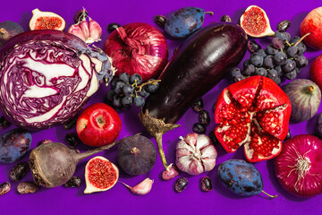 Blue, red and purple food. Culinary background of fruits and vegetables