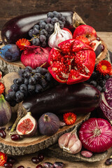 Blue, red and purple food. Culinary background of fruits and vegetables