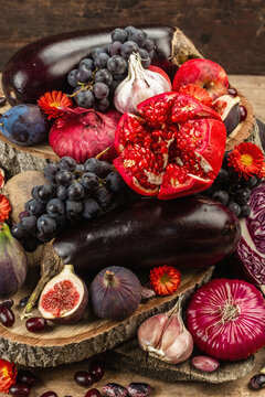 Blue, Red And Purple Food. Culinary Background Of Fruits And Vegetables