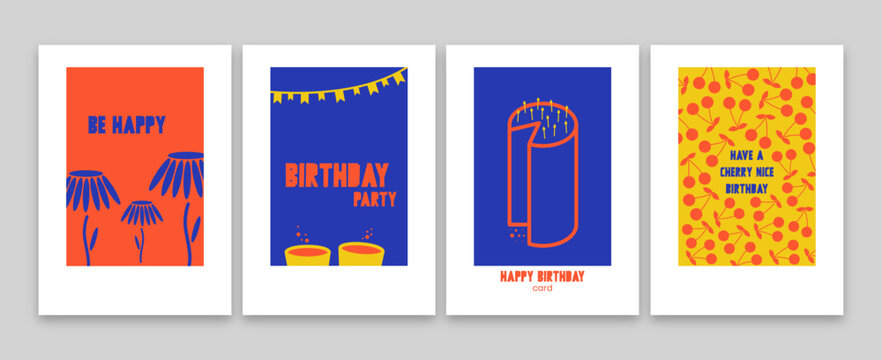 Happy Birthday postcards in three colors, with cake, drinks, and flowers