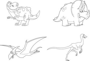 Outlined Dinosaur Cartoon Characters. Vector Hand Drawn Collection Set Isolated On White Background