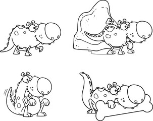 Outlined Dino Dog Cartoon Character. Vector Hand Drawn Collection Set Isolated On White Background