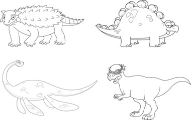 Outlined Dinosaur Cartoon Characters. Vector Hand Drawn Collection Set Isolated On White Background