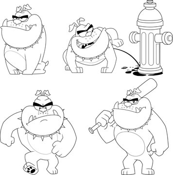 Outlined Bulldog Cartoon Character. Vector Hand Drawn Collection Set Isolated On White Background