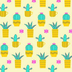 A seamless pattern with green succulent and cactus plants.