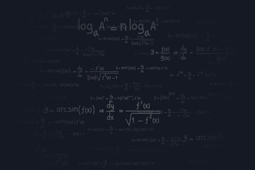 Logarithmic, derivative, trigonometric, logarithmic, hyperbolic and inverse equations and formulas on a black background