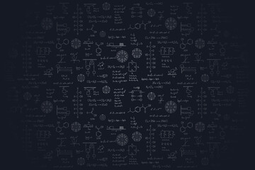 Calculus equations, algebra, organic chemistry, chemical reactions, chemical elements, physics, rectilinear motion, statics, electromagnetism, friction force, energy, on a black background