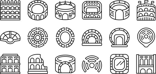 Amphitheater icons set outline vector. Arena italy. Architecture building - obrazy, fototapety, plakaty