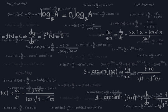 Logarithmic, derivative, trigonometric, logarithmic, hyperbolic and inverse equations and formulas on a black background