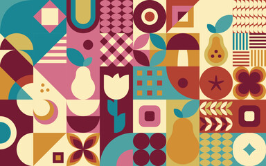 Jesienna geometryczna kompozycja - kolorowa mozaika z jabłkiem, gruszką i kwiatami. Powtarzający się wzór w stylu neo geo do zastosowania jako tło do projektów.