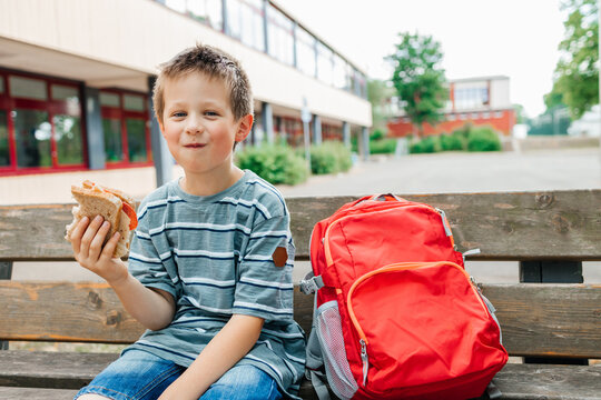 A schoolboy sits on a bench at recess and eats a healthy sandwich and an apple. Snack while studying.