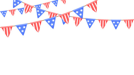 Obraz premium USA flag garland. US patriotic pennants chain. American party bunting decoration. United States flags for celebration. Vector background.