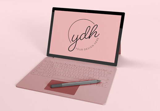 Tablet with Keyboard Case and Electronic Pen Mockup