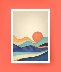 Abstract landscape with lines, sun, mountains. Oriental style.