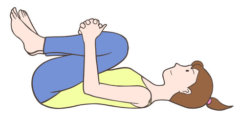 足を抱えるポーズ、ハッピーベイビーのポーズ、ヨガをする女性