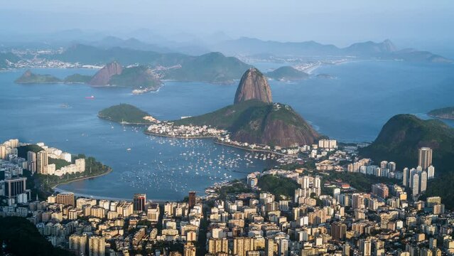Time lapse view of Sugarloaf mountain and Rio cityscape during summer in Rio de Janeiro, Brazil.