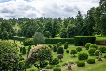 View of beautiful lush green gardens of the Drummond Castle close to Crieff in Scotland
