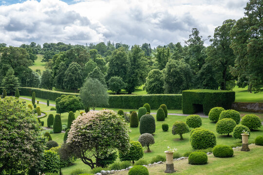 View of beautiful lush green gardens of the Drummond Castle close to Crieff in Scotland