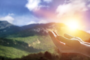 Human hands open palm up worship Praying with faith and belief in God. Concept Religion and spirituality