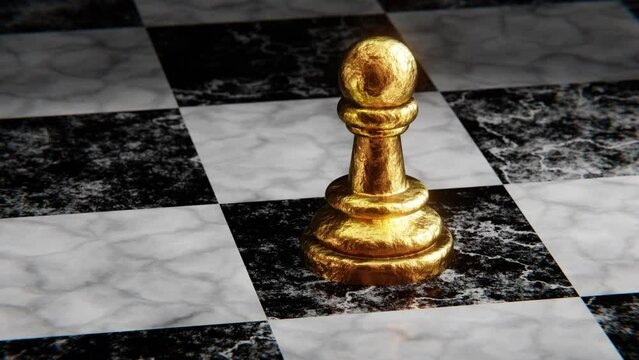 Realistic 3D animation of the lone gold pawn on a marble chessboard rendered in UHD