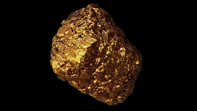 Realistic looping 3D animation of the spinning shining precious gold nugget demonstration rendered in UHD with alpha matte
