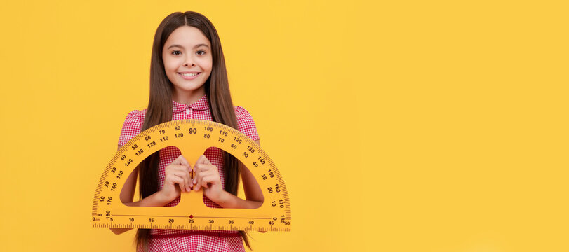 Cheerful Teen Girl Study Math In School Hold Protractor Ruler. Portrait Of Schoolgirl Student, Studio Banner Header. School Child Face, Copyspace.