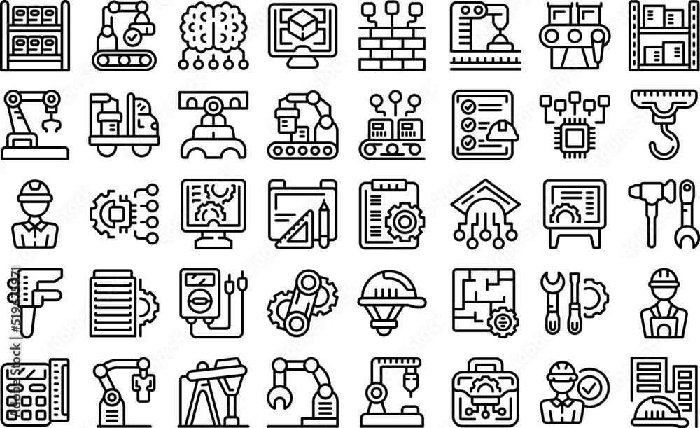 Poster engineer factory icons set outline vector. machine work. technical computer