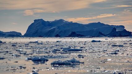 Fototapeta premium Small bits of ice floating in the bay in front of snow covered mountains at Cierva Cove, Antarctica